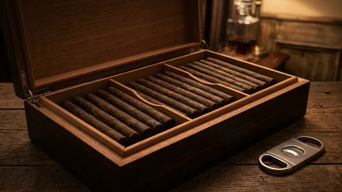 Cigarros puros dispuestos en un humidor de madera abierto, sin personas