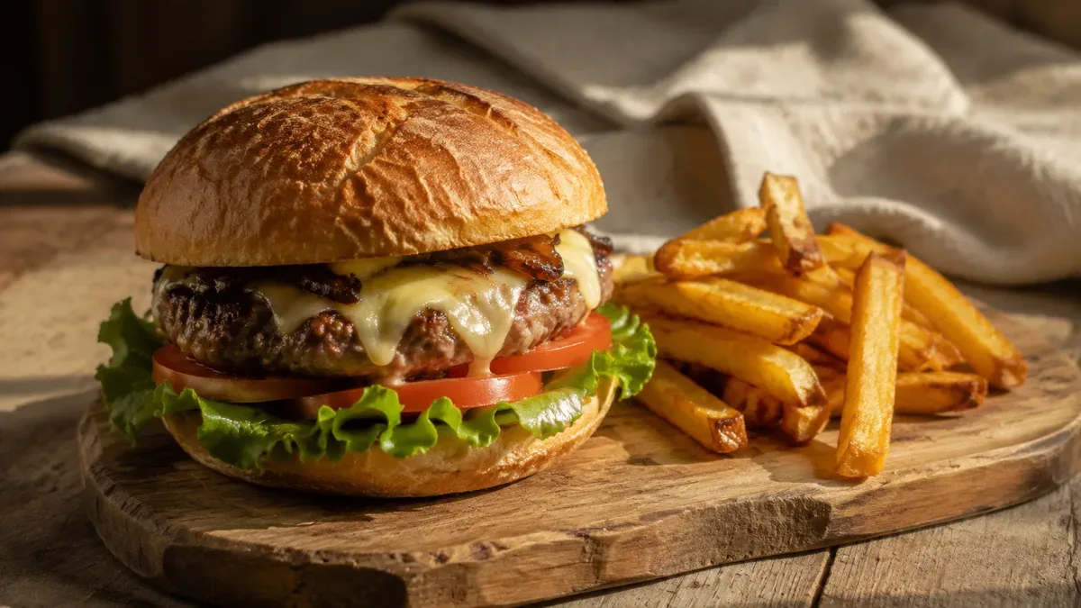Hamburguesa casera con lechuga y tomate junto a papas fritas, servida sobre una tabla de madera