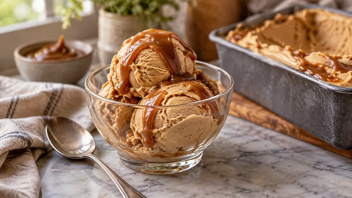 Helado casero de dulce de leche sin máquina servido en bochas cremosas dentro de un pote de vidrio, con un hilo de dulce de leche por encima
