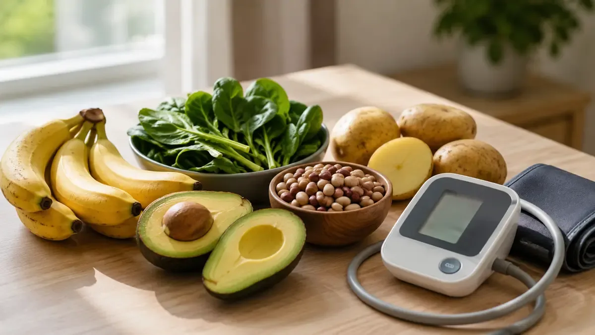 Bananas, palta, espinaca y legumbres sobre una mesa clara junto a un tensiometro de brazo