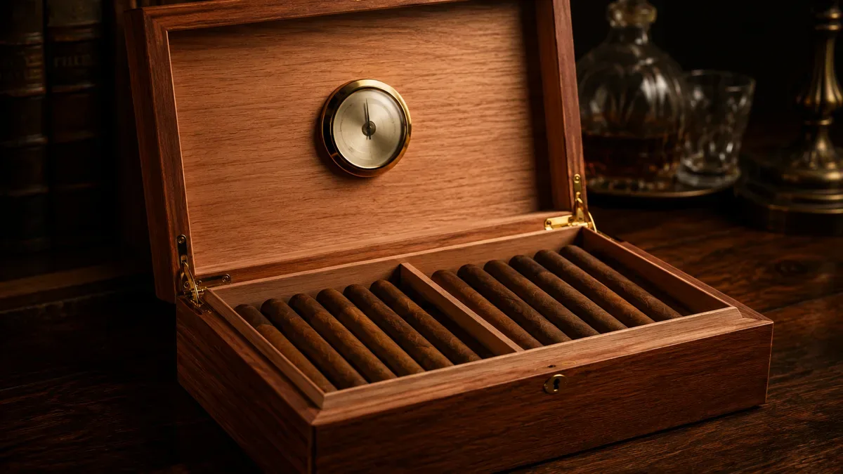 Humidor de madera con higrómetro y cigarros puros bien conservados, sin personas