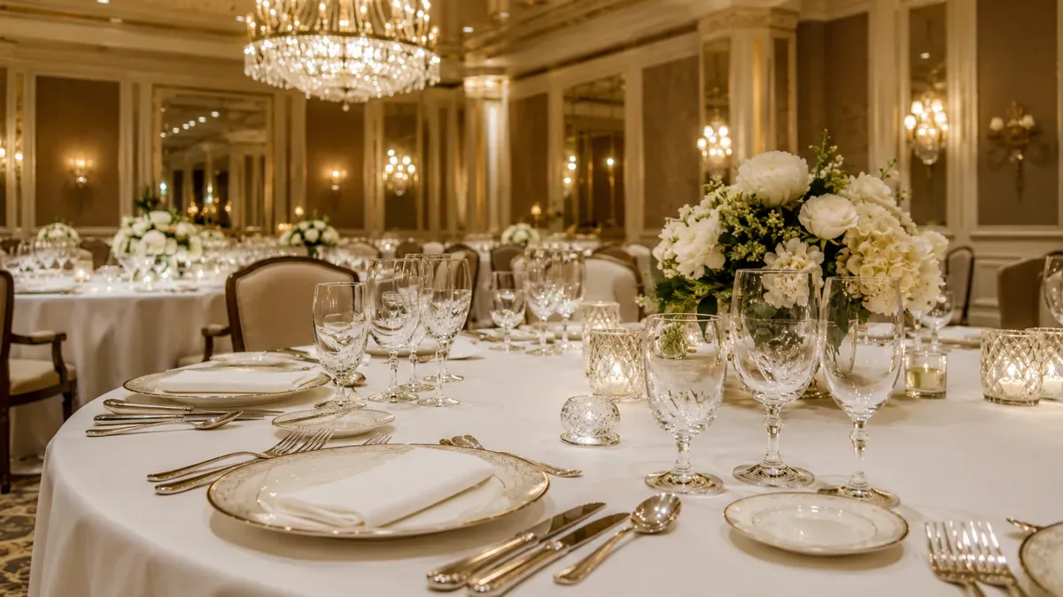 Mesa elegante puesta con vajilla y copas, propia de un departamento de alimentos y bebidas de un hotel
