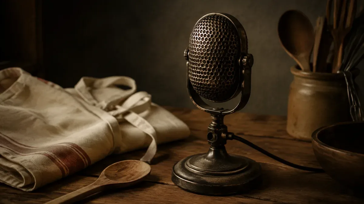 Micrófono de radio antiguo junto a utensilios de cocina sobre una mesa de madera, sin personas
