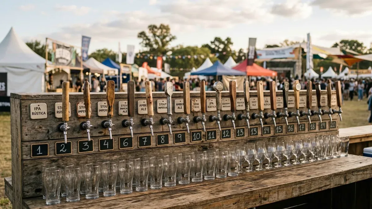 Fila de grifos de cerveza artesanal sobre una barra de madera, con vasos vacíos, en un festival al aire libre