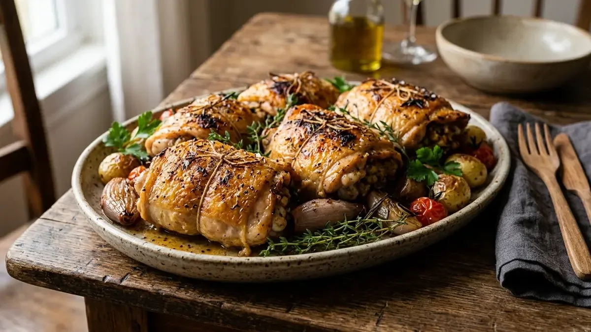 Jamoncitos de pollo rellenos y dorados atados con hilo sobre una mesa de madera