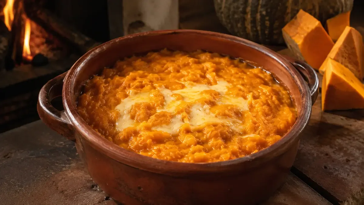 Cazuela de barro con kivevé cremoso anaranjado y queso fundido