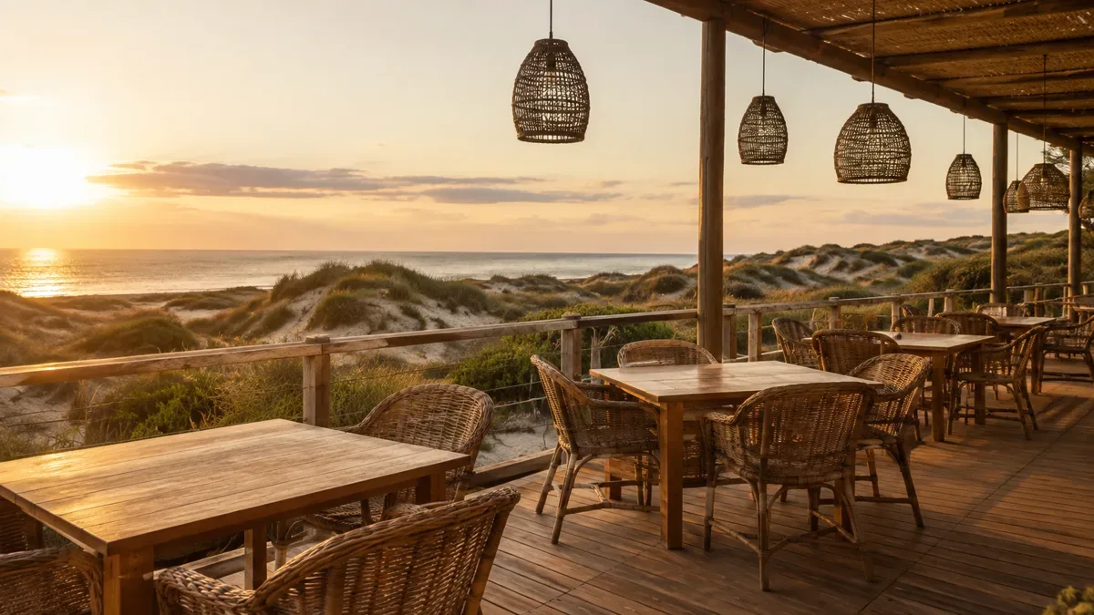 Terraza de un espacio gastronómico con mesas de madera junto al mar, iluminada por el atardecer, sin personas