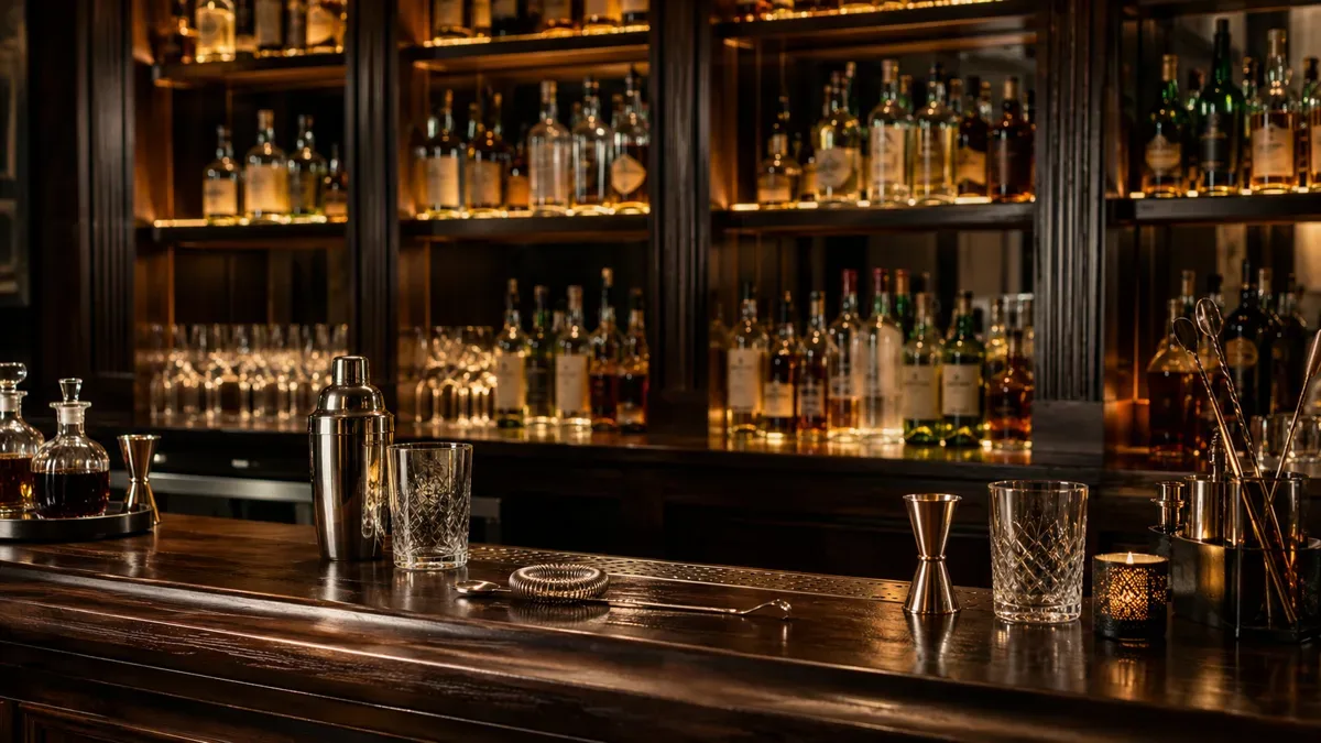 Barra de bar con botellas de licor y utensilios de coctelería ordenados, sin personas