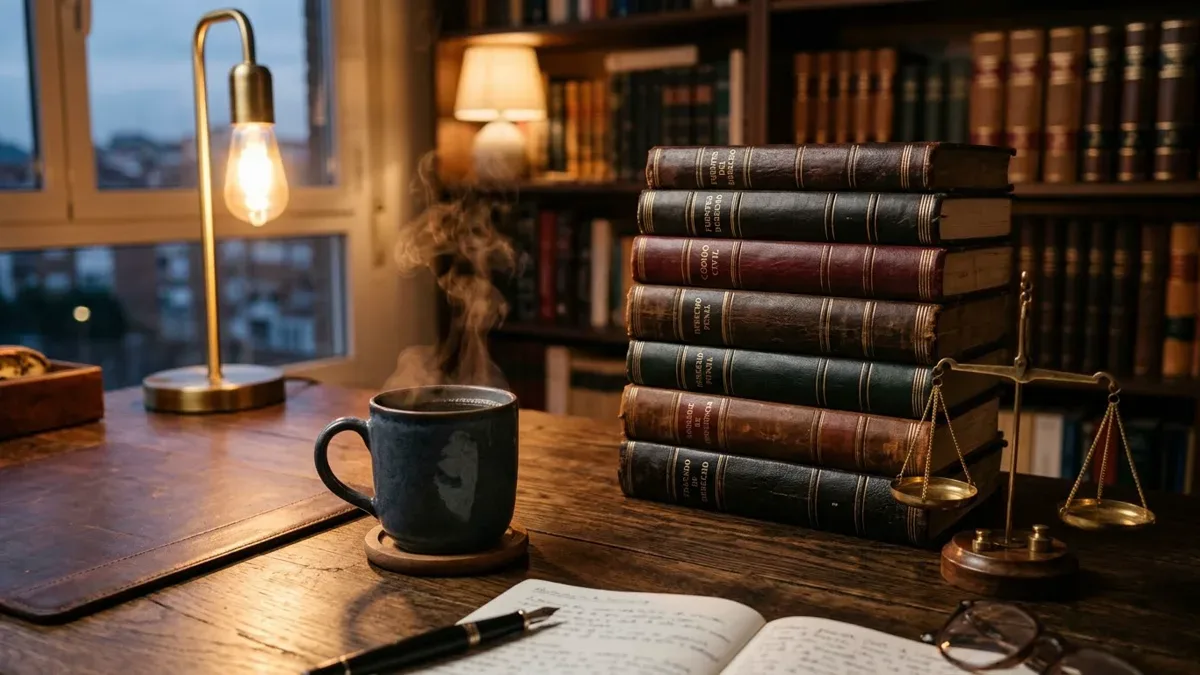 Taza de café humeante junto a libros de leyes apilados sobre un escritorio de madera, sin personas