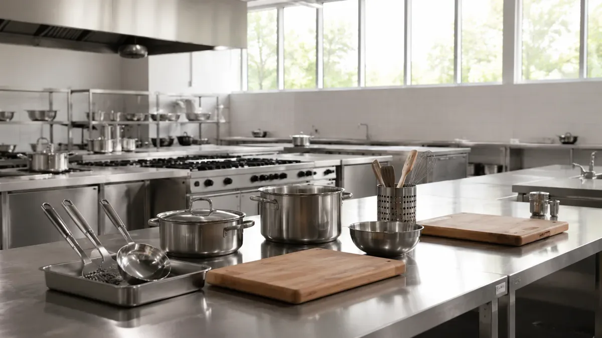 Estación de cocina profesional con utensilios ordenados y ollas de acero, en una escuela de gastronomía sin personas