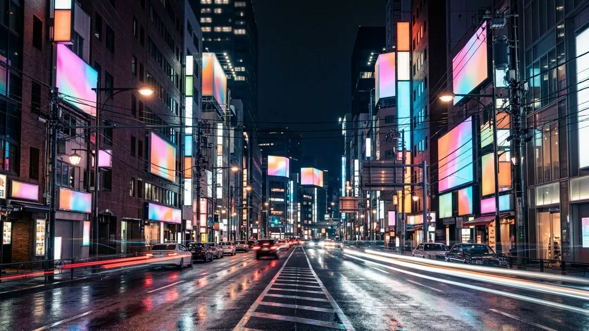 Avenida urbana iluminada de noche con carteles publicitarios en blanco sobre los edificios, sin personas