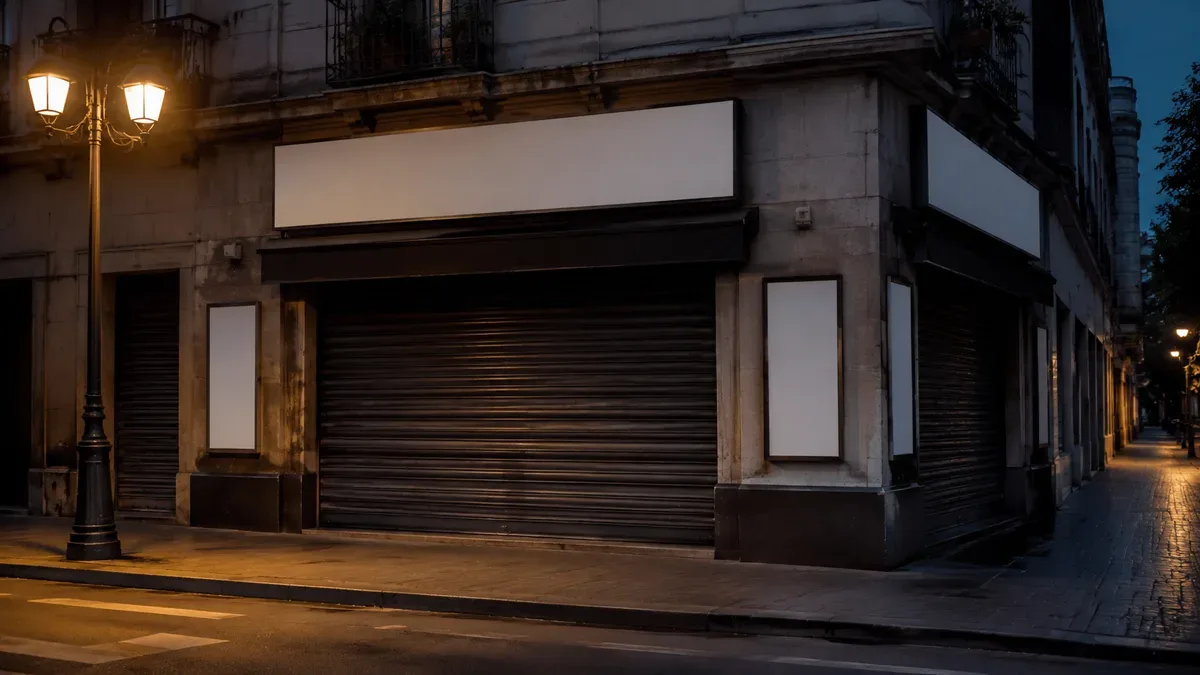 Fachada de un restaurante con persianas bajas y luces apagadas al anochecer, sin personas