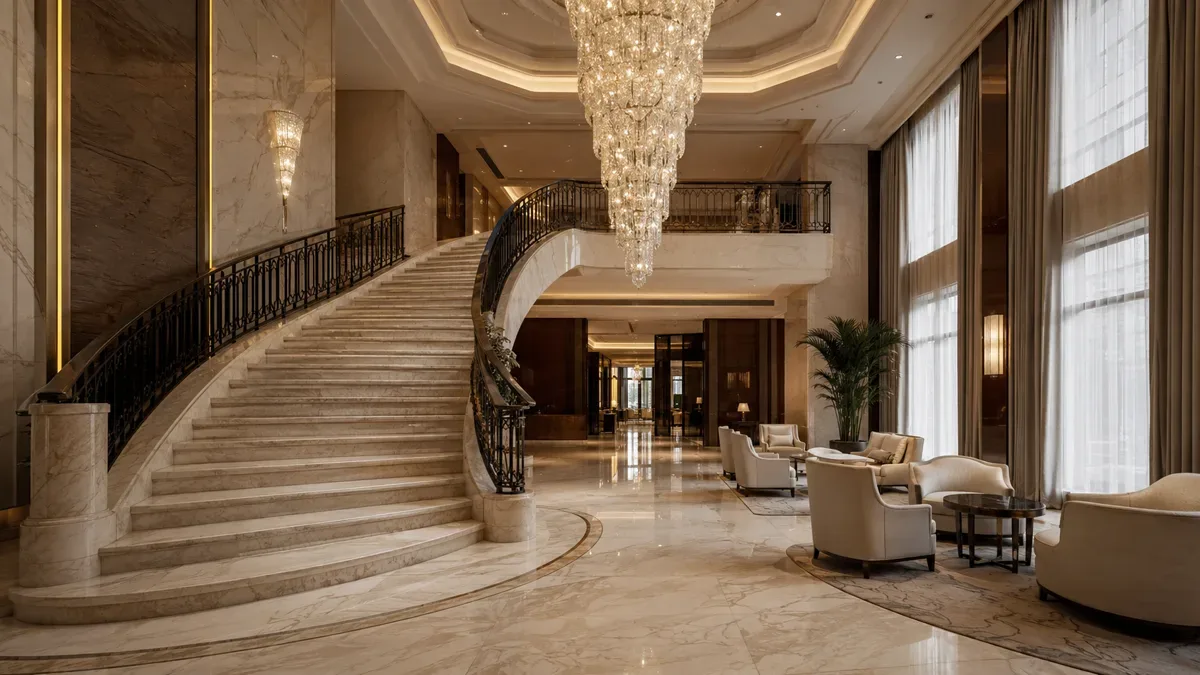 Lobby de un hotel elegante con escalera curva y araña de luces, sin personas