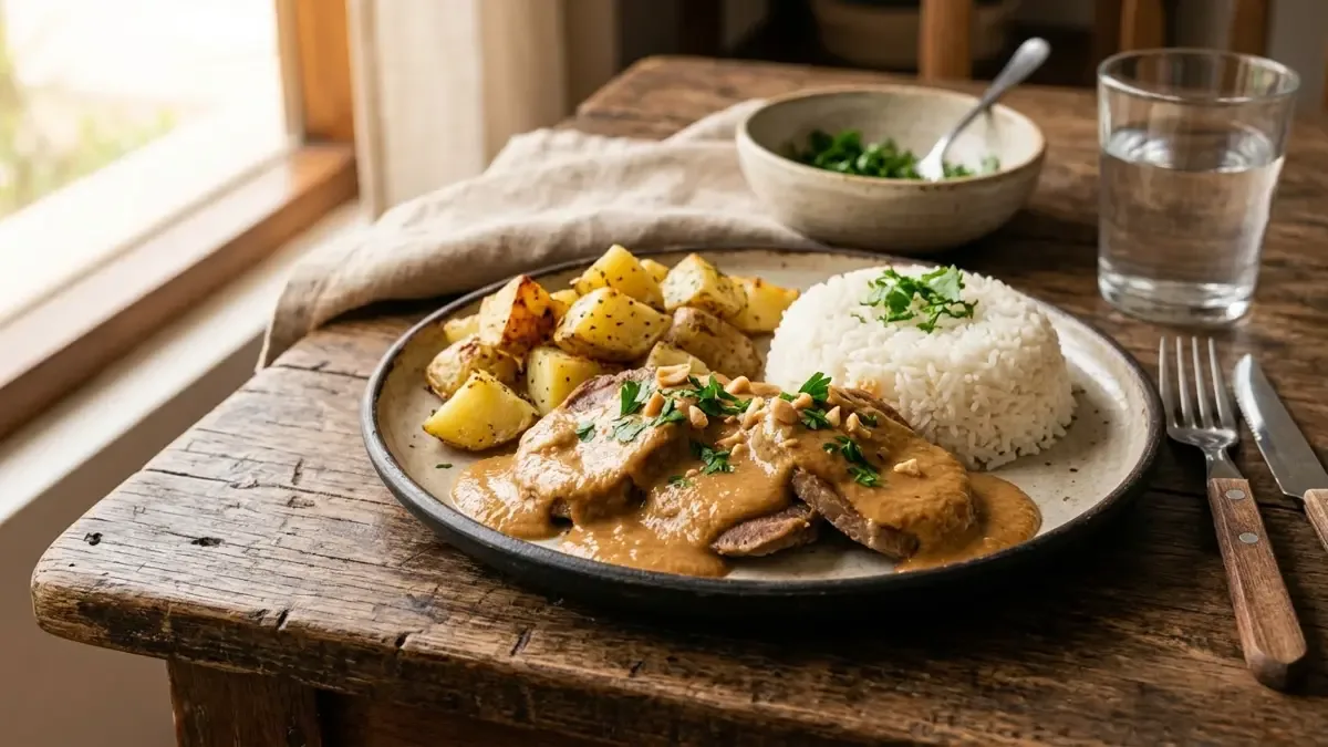 Lengua en salsa de maní con papas y arroz blanco en un plato de cerámica