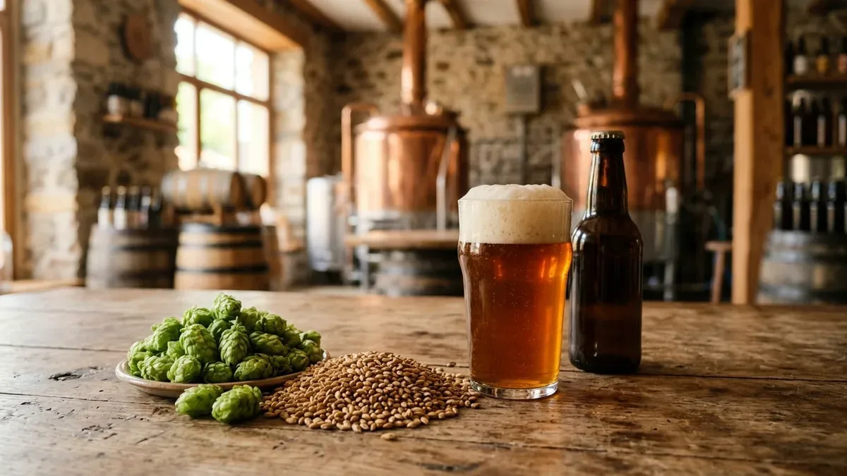 Conos de lúpulo y granos de malta dispuestos sobre una mesa de madera, ingredientes de cerveza artesanal, sin personas