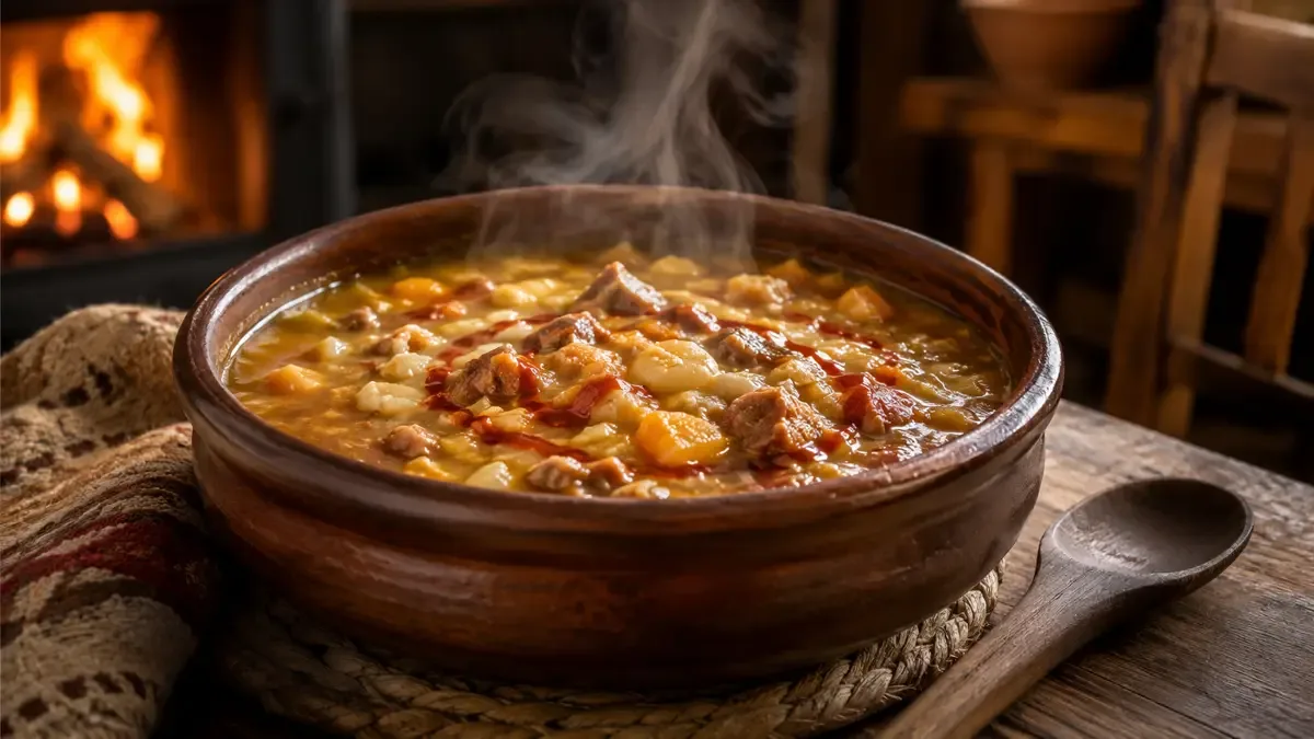 Cazuela de barro con locro espeso y salsa picante por encima