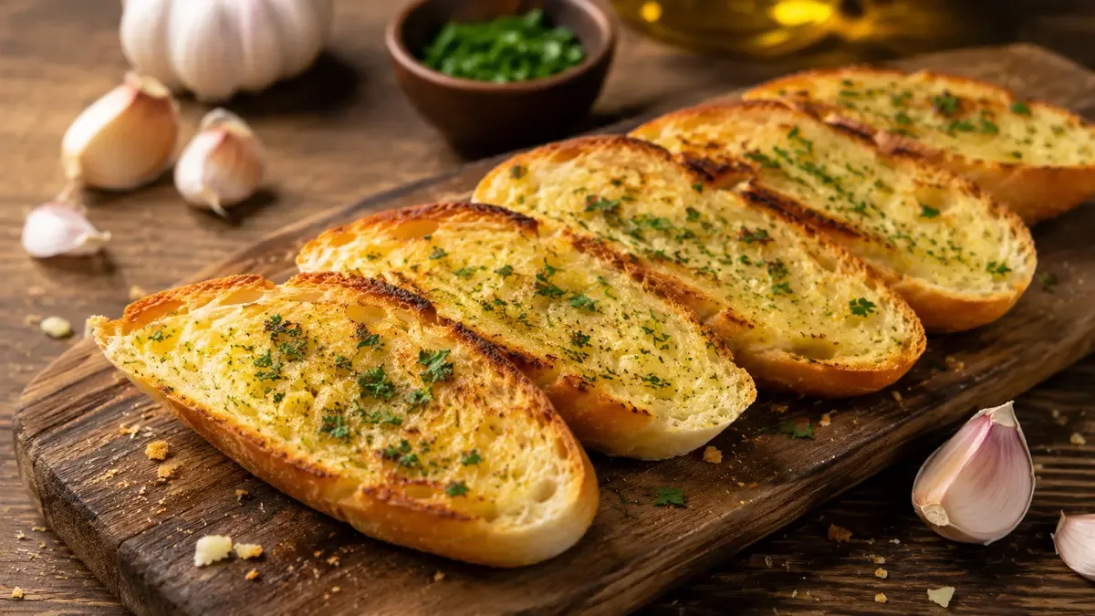 Pan de ajo gratinado cortado en porciones sobre tabla de madera