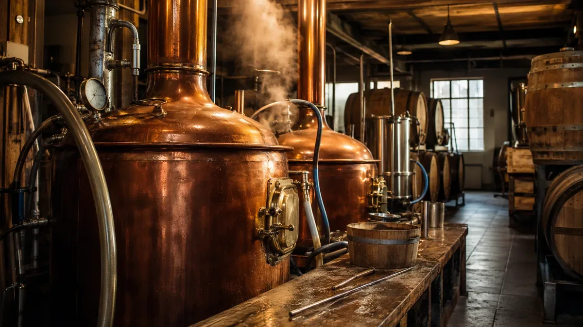 Ollas de cobre y barriles de madera usados en la elaboración de cerveza artesanal, sin personas