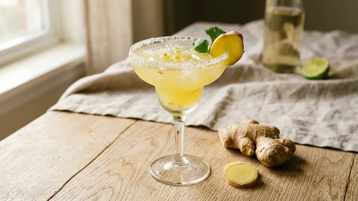 Copa de margarita de jengibre con hielo y borde escarchado, sobre una mesa de madera con luz natural