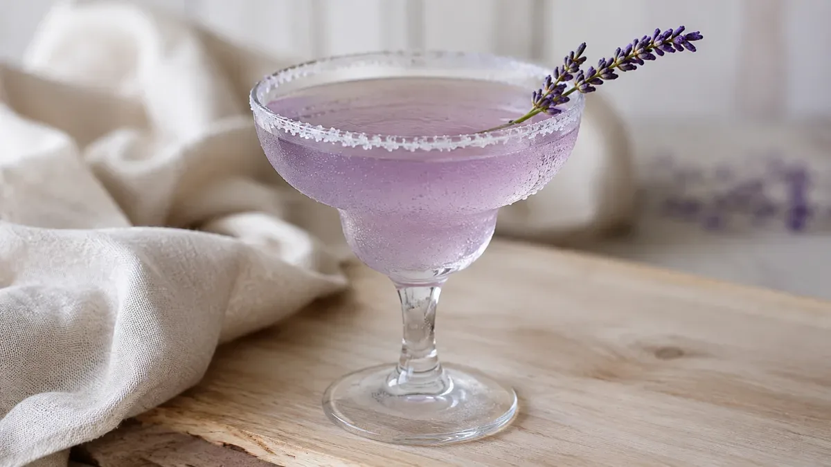 Copa de margarita color violeta con ramitas de lavanda, sobre una mesa de madera con luz natural
