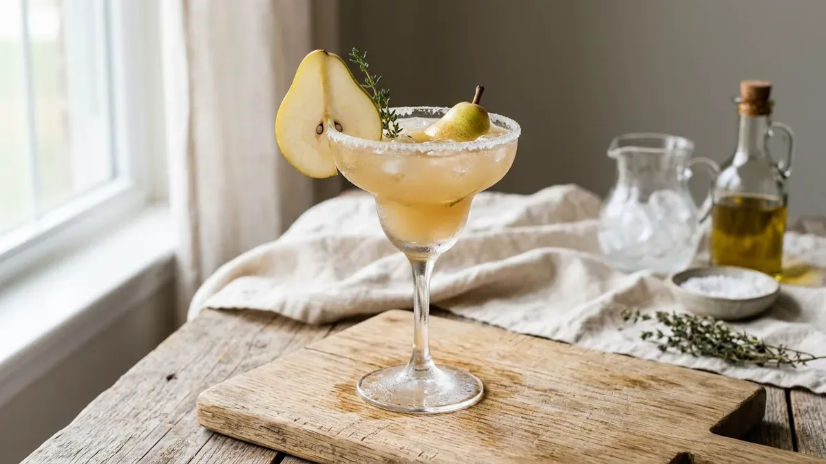 Copa de margarita con una rodaja de pera fresca al borde, sobre una mesa de madera con luz natural
