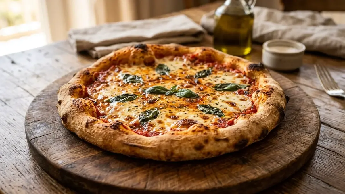 Pizza casera con masa dorada y esponjosa recién horneada sobre una tabla de madera