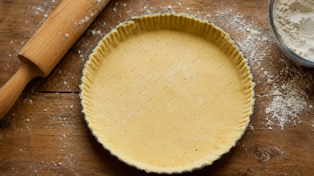 Tartera con masa quebrada cruda y bordes marcados con tenedor