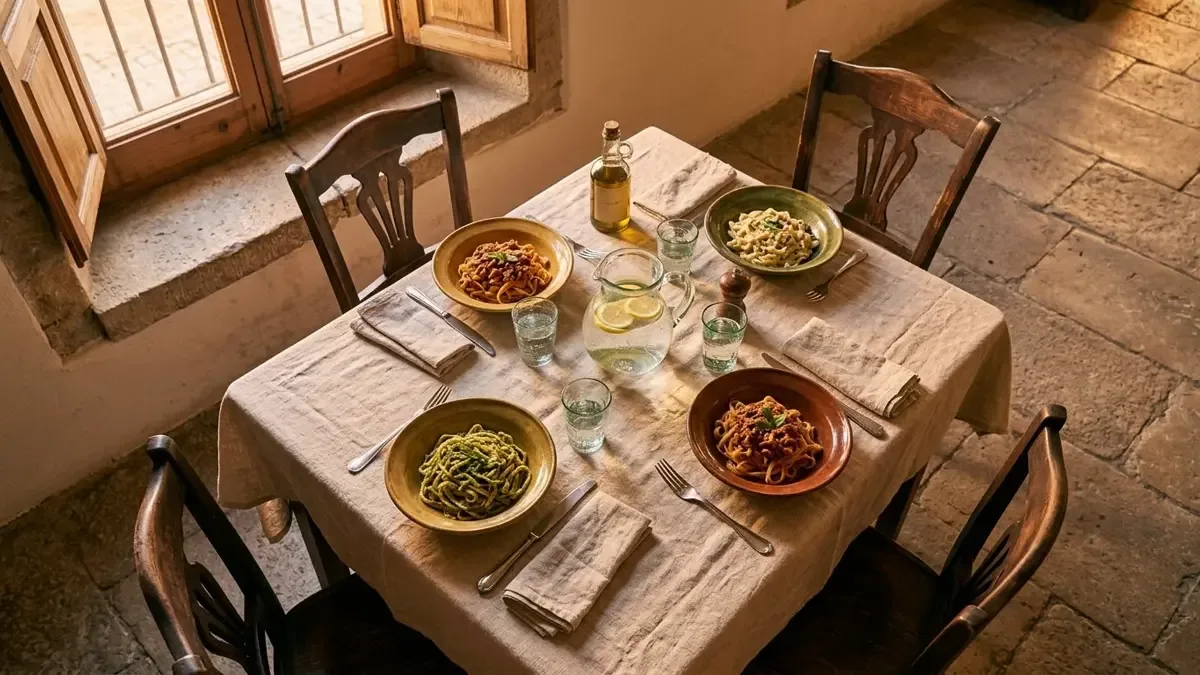 Mesa familiar de Navidad con platos para compartir y luz cálida
