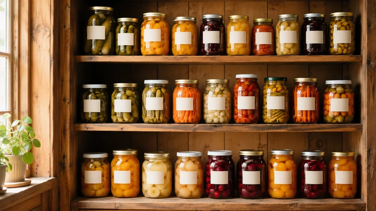 Frascos de vidrio con conservas caseras de vegetales y frutas ordenados en una alacena, sin personas