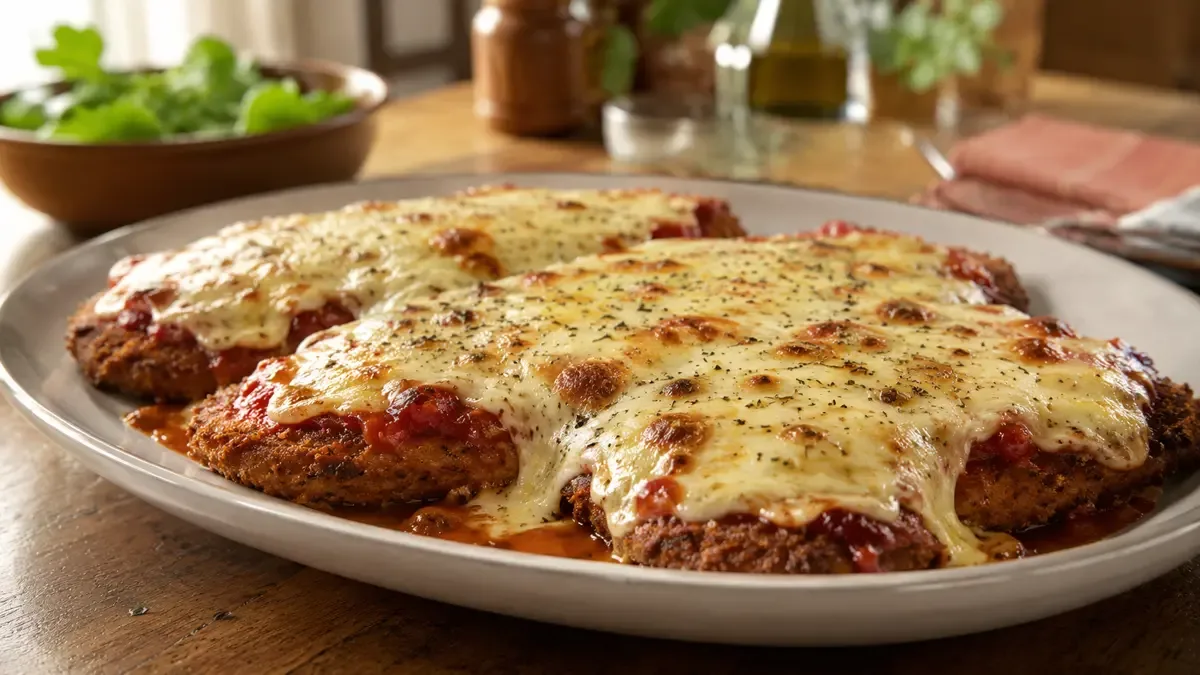 Fuente con milanesas a la napolitana gratinadas con queso derretido