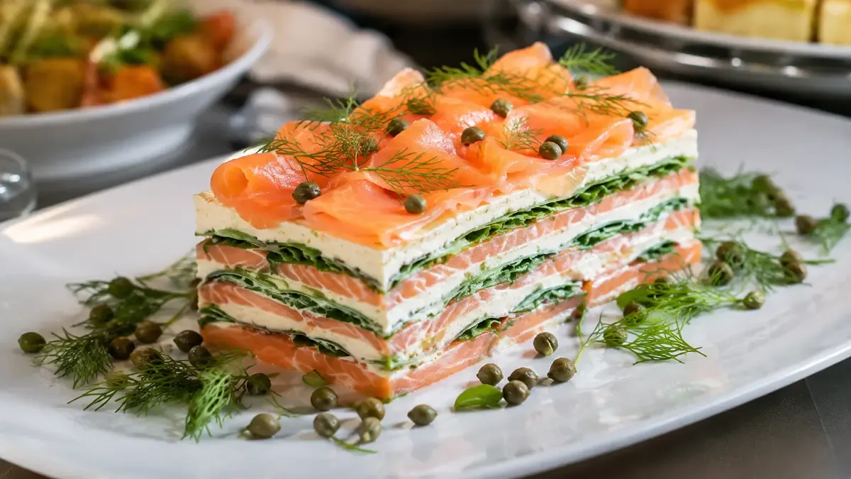 Milhojas de salmón en capas con crema y hojas verdes en plato blanco
