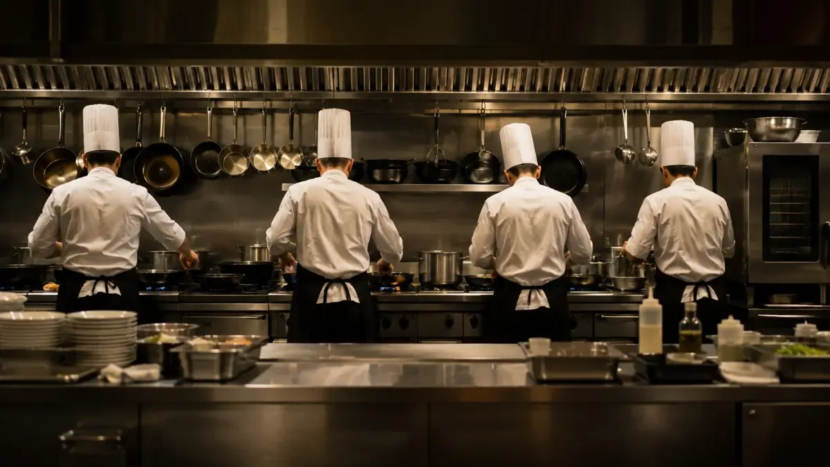 Cuatro cocineros de chaqueta blanca trabajando frente a la línea caliente