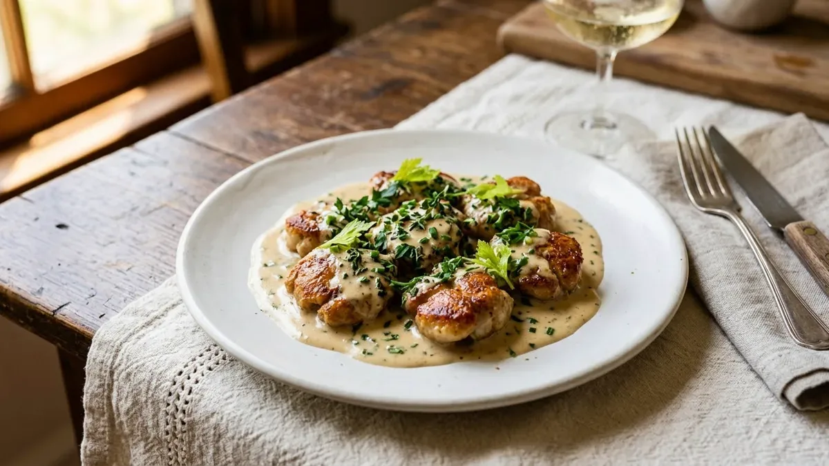 Mollejas doradas y salteadas en salsa de champagne, servidas en un plato de loza sobre mesa de madera