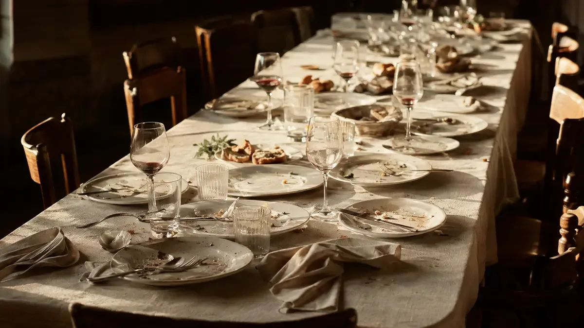 Mesa larga con platos usados, copas y migas al final de una comida