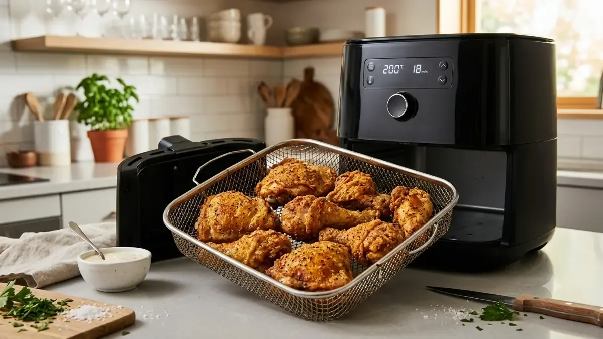Canasta de freidora de aire con presas de pollo doradas