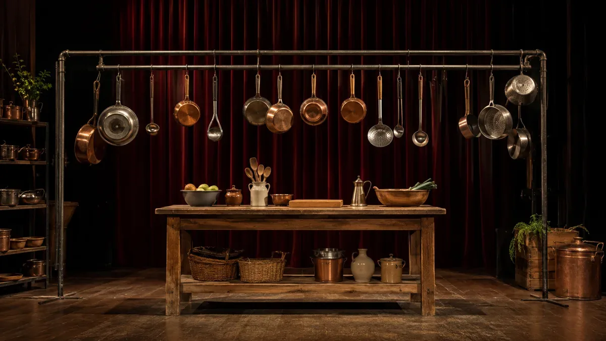 Escenario de teatro vacío ambientado como una cocina con utensilios colgados, sin personas
