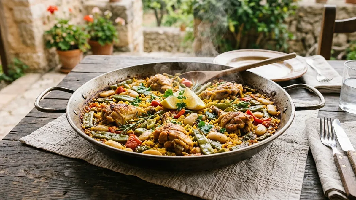Paella valenciana con arroz amarillo, pollo y vegetales servida en una paellera sobre mesa de madera
