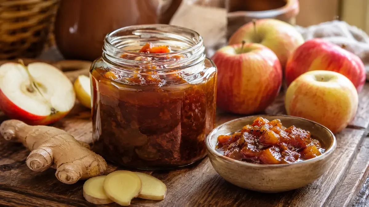 Frasco de vidrio con chutney casero ámbar y fruta alrededor
