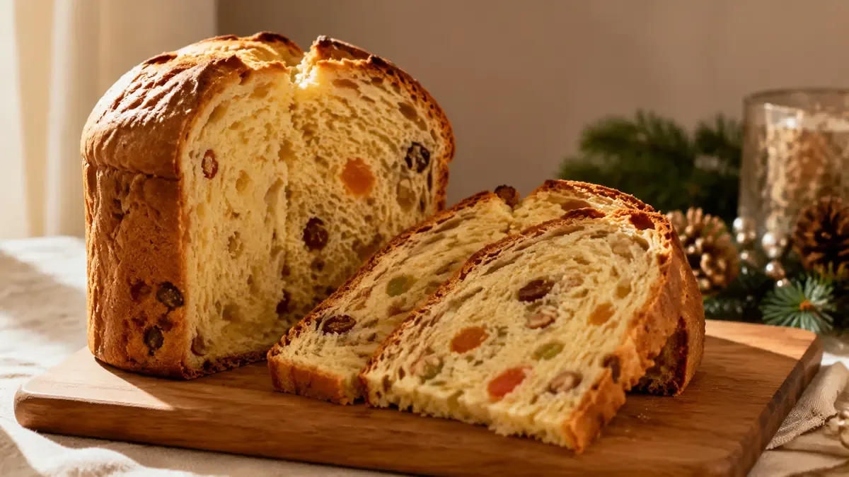 Pan dulce cortado en rodajas con frutas abrillantadas y nueces