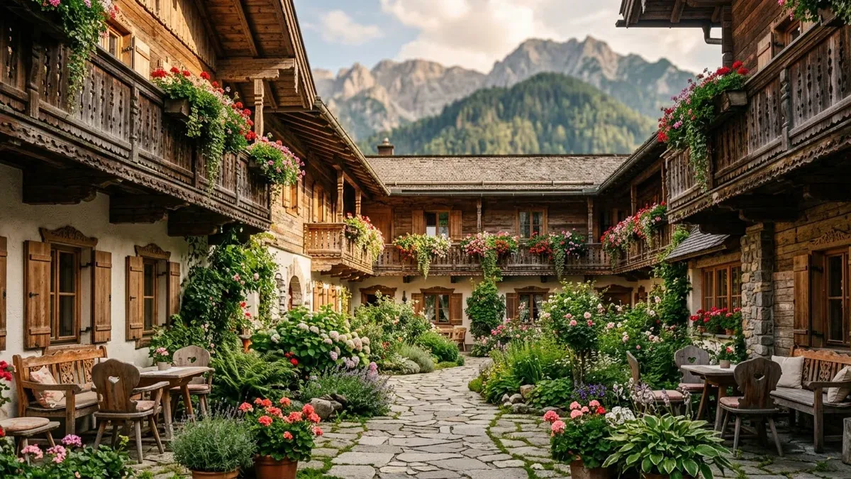 Patio de un hotel boutique de estilo alpino con flores y balcones de madera, sin personas