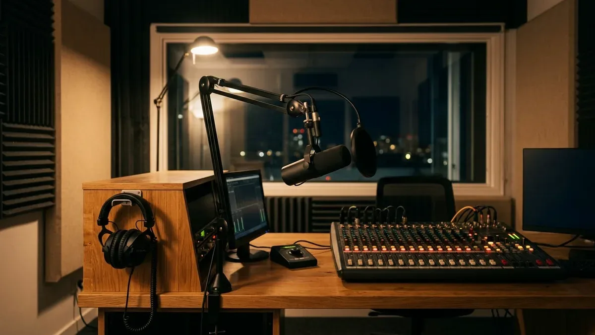 Estudio de radio vacío con un micrófono profesional y panel de control iluminado, sin personas presentes