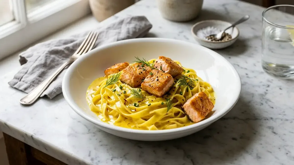 Pasta con salmón dorado bañada en salsa de azafrán en un plato hondo blanco