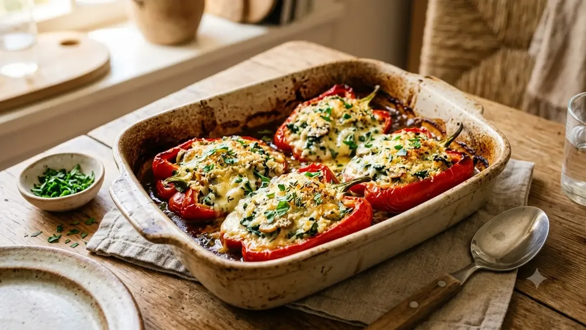 Fuente de horno con pimientos rojos rellenos gratinados