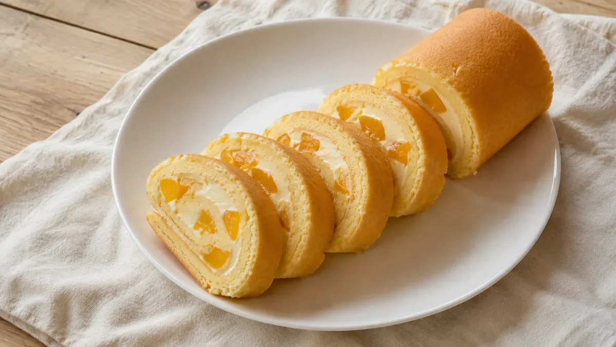 Rodajas de pionono relleno con crema pastelera y duraznos sobre una fuente blanca