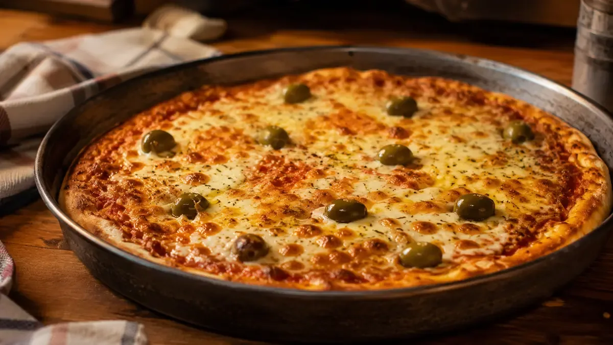 Pizza casera de muzzarella en molde con queso burbujeante