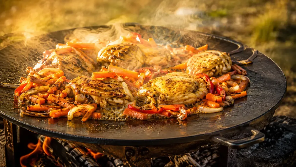 Disco de arado sobre fuego de leña con pollo, cebolla y morrón