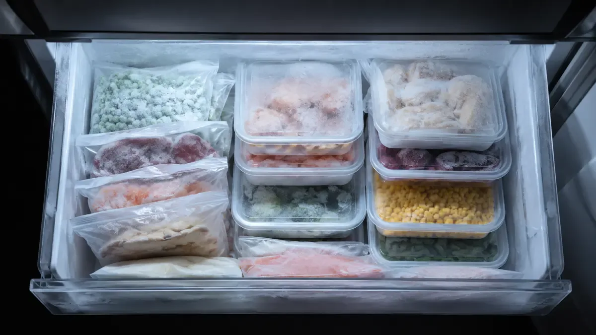 Cajón de freezer abierto con recipientes de alimentos congelados y escarcha