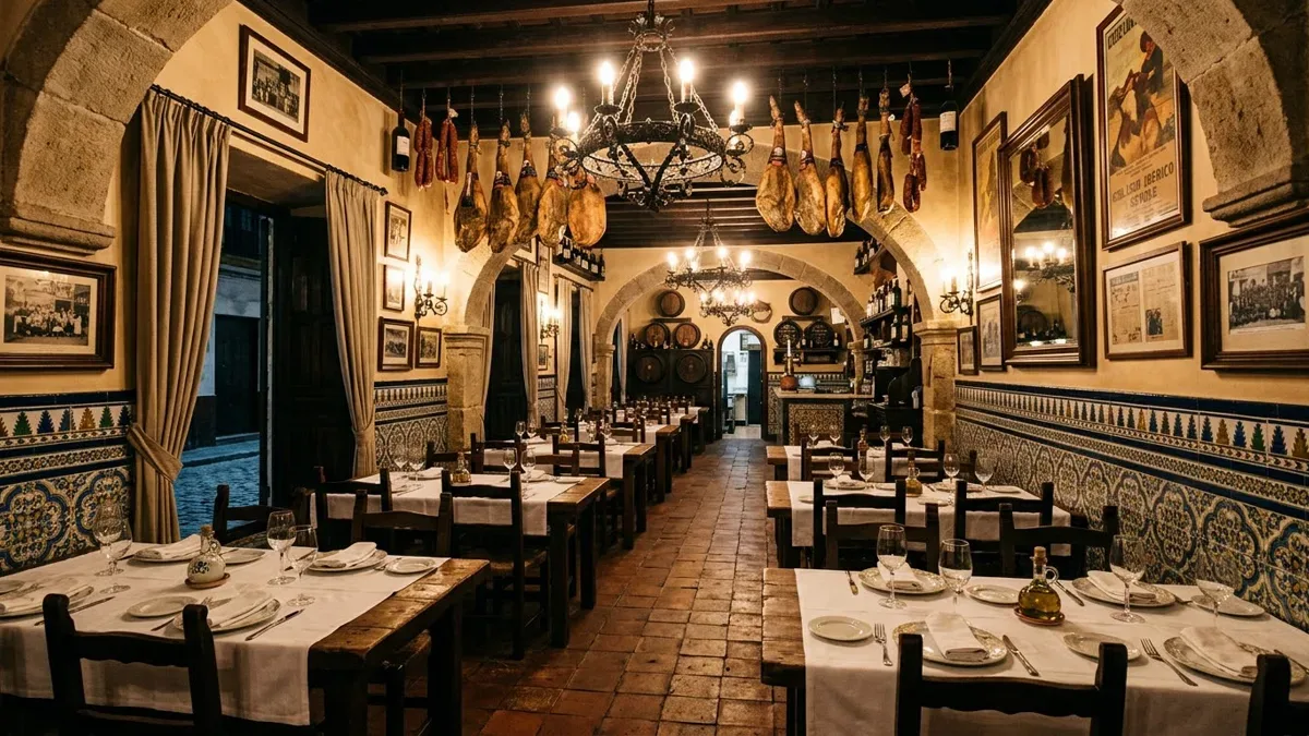 Interior de un restaurante histórico de comida española con mesas puestas y jamones colgando, sin personas