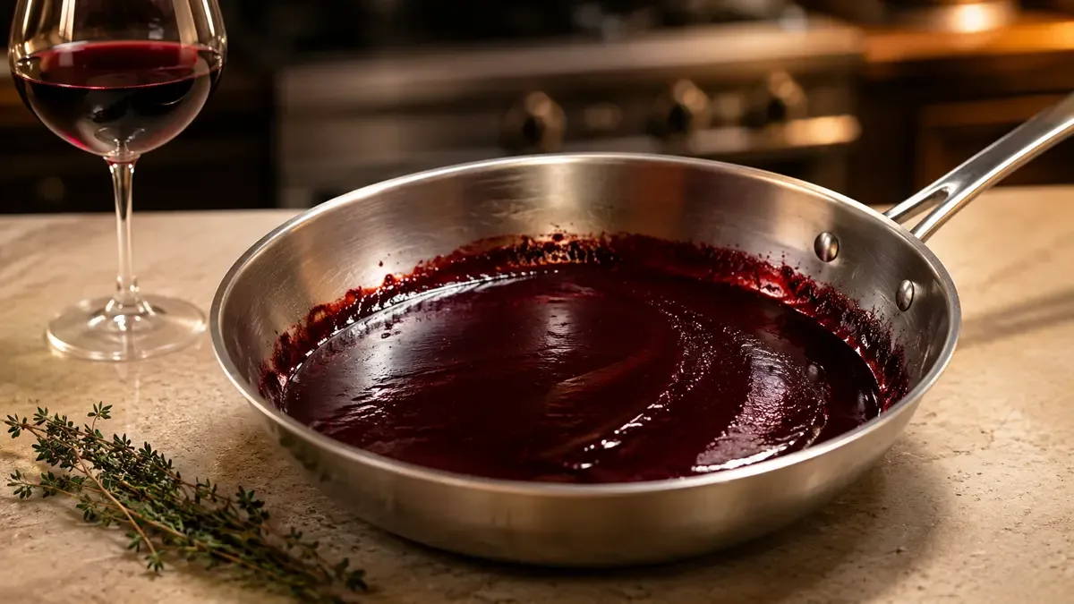 Sartén con una reducción de vino tinto brillante y espesa