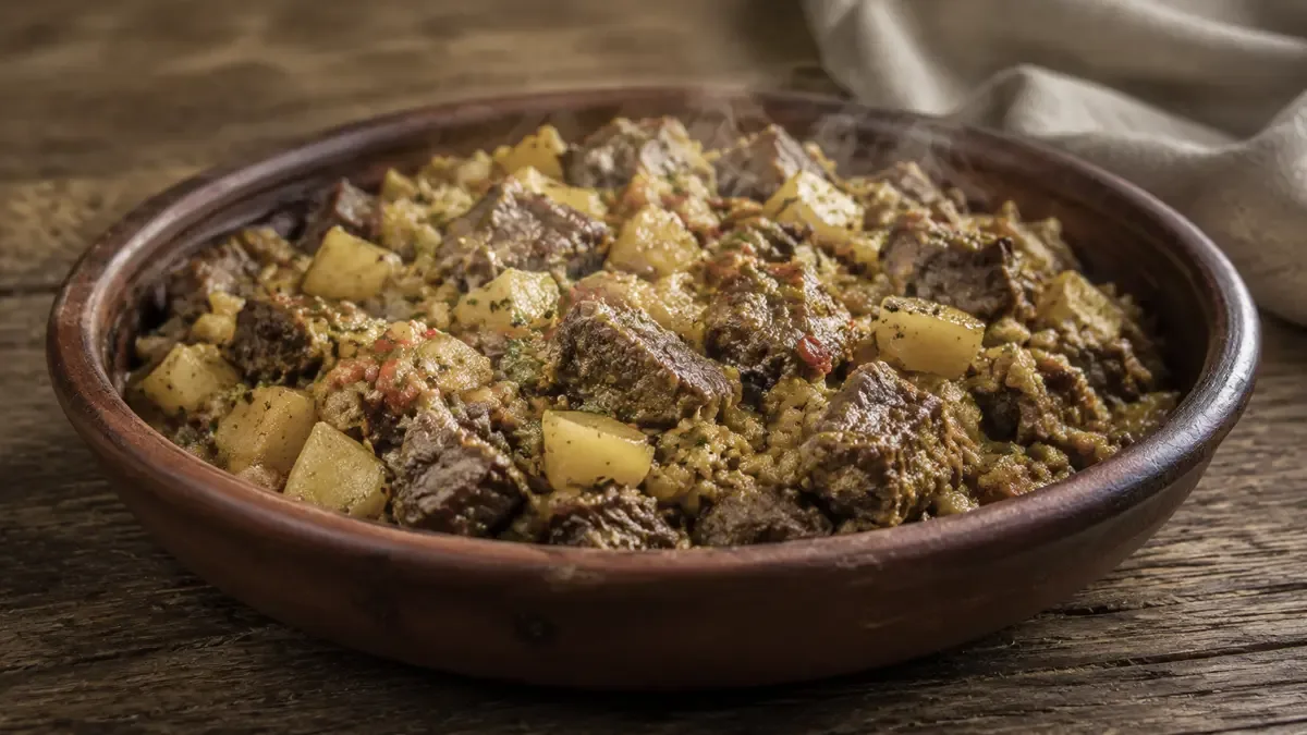 Relleno de empanada salteña a cuchillo con carne y papa en una fuente de barro